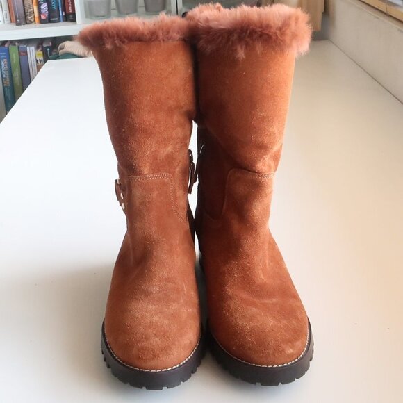 Talbots Tan / Light Brown Suede Leather & Fur Tall Half Calf Winter Boots Sz 7.5 - Picture 4 of 16